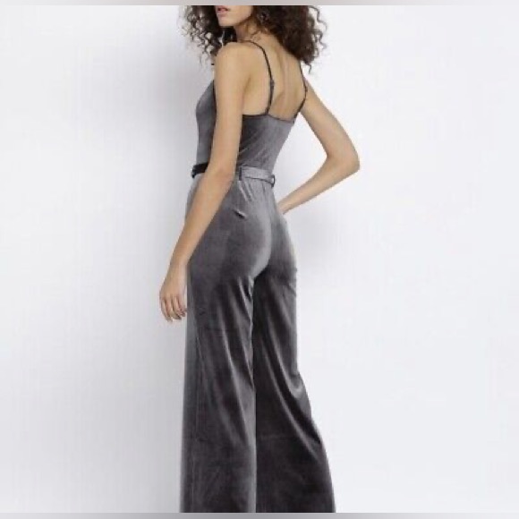 Forever 21 Dark Grey Silver Velvet Wide Leg Jumpsuit - Picture 5 of 10